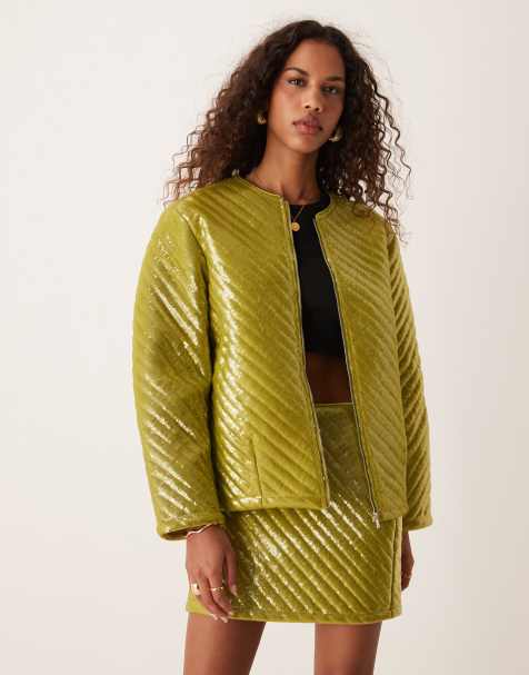 Ghospell padded sequin jacket co-ord in olive - view 1