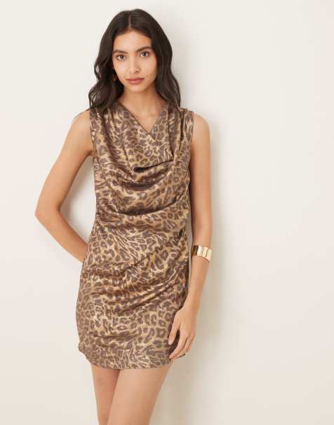 Ghospell Pamela cowl neck mini dress in gold leopard