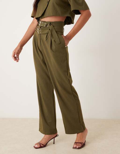 Ghospell - Pantalon d'ensemble ajusté à taille haute avec deux boucles - Vert à rayures fines, 2 de 5