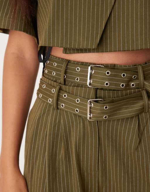 Ghospell - Pantalon d'ensemble ajusté à taille haute avec deux boucles - Vert à rayures fines, 3 de 5