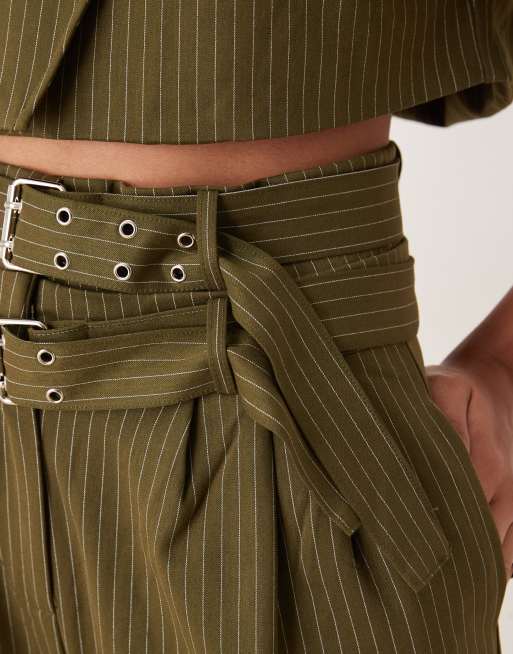 Ghospell - Pantalon d'ensemble ajusté à taille haute avec deux boucles - Vert à rayures fines, 5 de 5