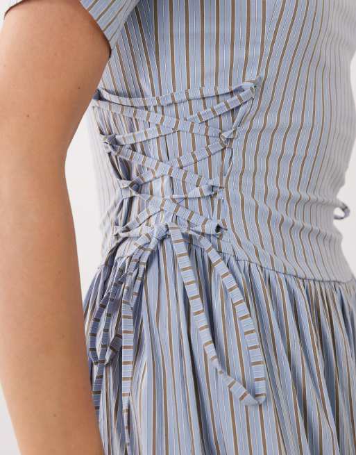 Ghospell Piper short sleeve tiered skirt midi dress in light blue stripe, 2 of 4