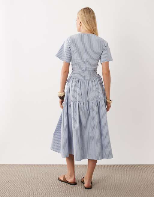 Ghospell Piper short sleeve tiered skirt midi dress in light blue stripe, 3 of 4