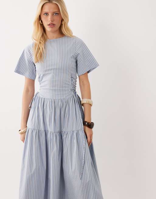 Ghospell Piper short sleeve tiered skirt midi dress in light blue stripe, 4 of 4