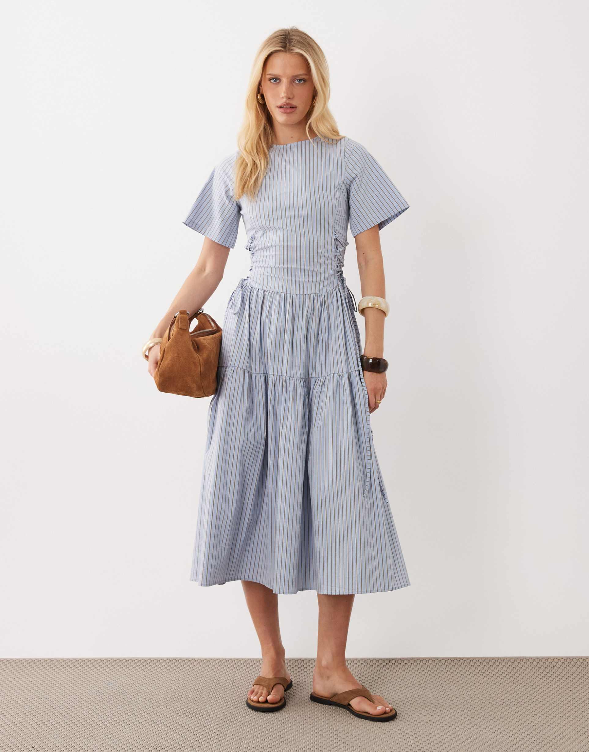 ghospell piper short sleeve tiered skirt midi dress in light blue striped print