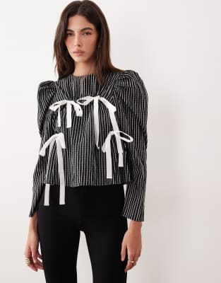 Ghospell Prisha Cotton Rich Ruched Bow Detail Top In Black