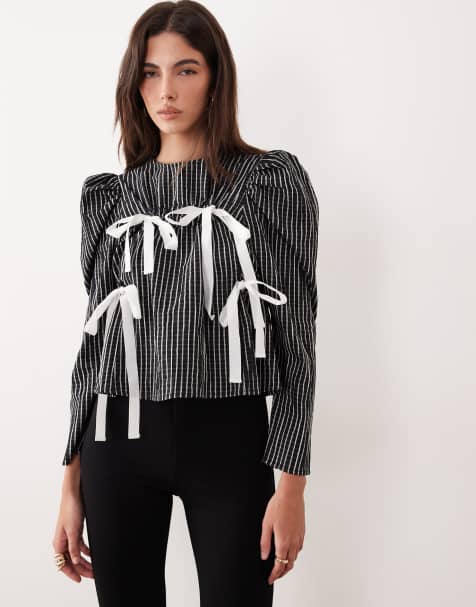 Ghospell Prisha cotton rich ruched bow detail top in black check - view 1