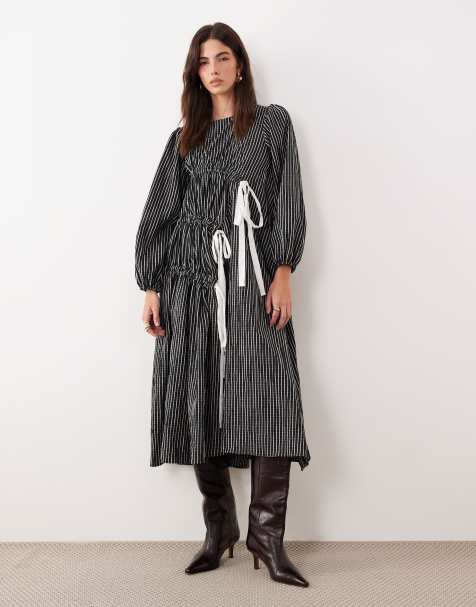 Ghospell Prisha cotton rich ruched bow detailing midi dress in black stripes - view 1