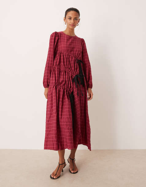 Ghospell Prisha cotton rich ruched detail midi dress in wine check print - view 1