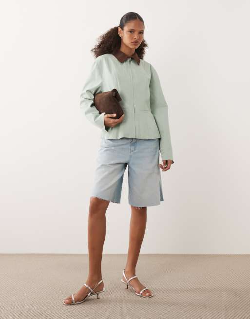 Ghospell pure cotton hourglass cinched waist jacket in mint green, 3 of 4