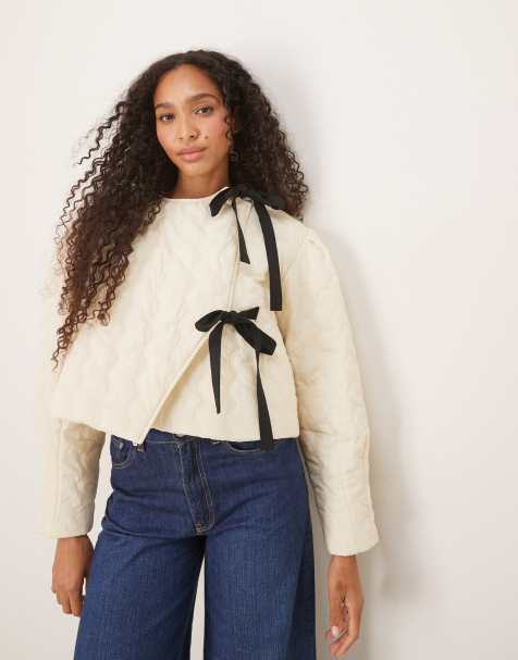 Ghospell quilted cropped jacket with tie detailing in cream - view 1