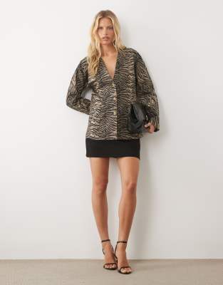 Ghospell Razan cotton v-neck long sleeve fitted blazer co-ord in brown tiger