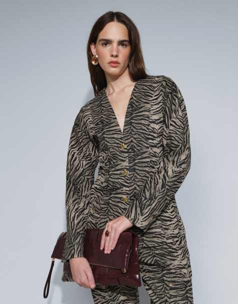 Ghospell Razan cotton v-neck long sleeve fitted blazer in brown tiger (part of a set) - view 1