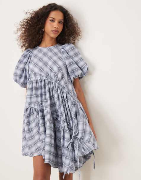 Ghospell - Robe à carreaux courte avec cordon de serrage asymétrique - Bleu - view 1