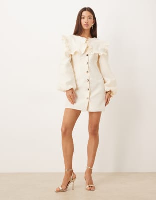 Robe courte à manches bouffantes et col oversize - Ivoire-Blanc S