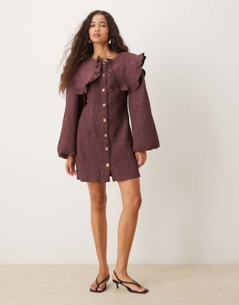 Ghospell - Robe courte avec col oversize - Marron - view 1