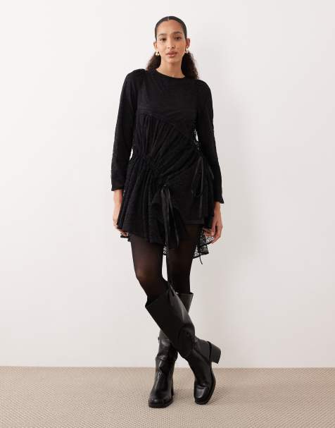 Ghospell - Robe courte en dentelle et coton mélangé avec fronces et détails noués - Noir - view 1