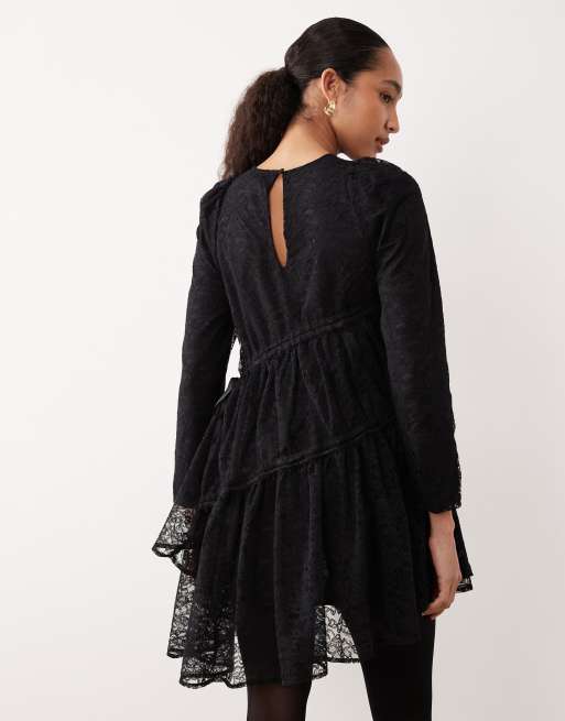 Ghospell - Robe courte en dentelle et coton mélangé avec fronces et détails noués - Noir, 2 de 4