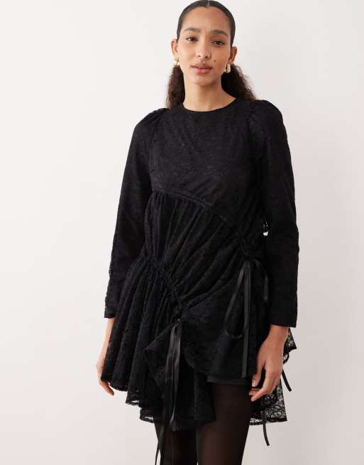 Ghospell - Robe courte en dentelle et coton mélangé avec fronces et détails noués - Noir, 4 de 4