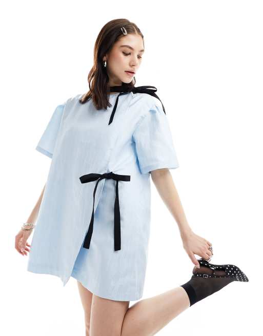 Ghospell - Robe courte en jacquard avec nœud contrastant - Bleu cendré