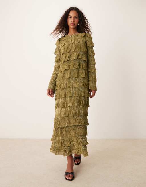 Ghospell - Robe longueur mollet à franges - Olive