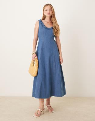 Robe longueur mollet en denim à volants - Bleu XS