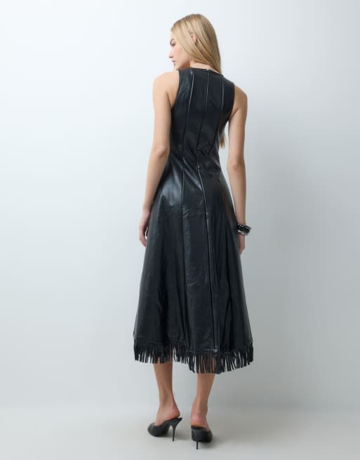 Ghospell robe mi-longue à détail poitrine avec ourlet à franges noire, 5 de 5