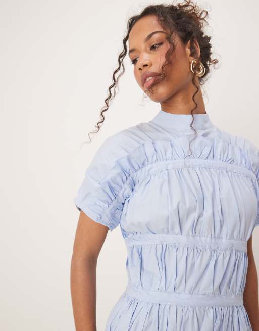 Ghospell - Robe mi-longue froncée à col montant - Bleu, 2 de 4