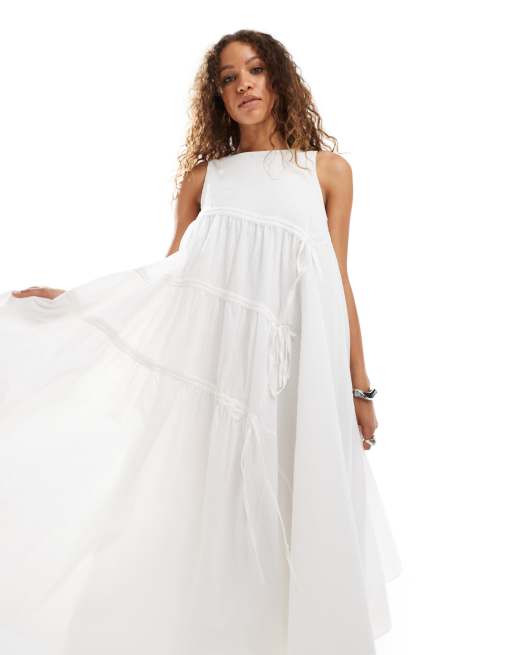 Ghospell Robe mi longue froncee Blanc