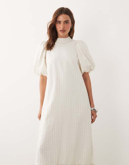 Ghospell - Robe mi-longue rayée à col montant, manches bouffantes et ourlet à basque - Naturel, 2 de 4