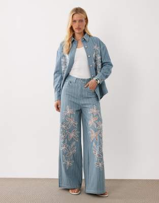 Ghospell Rox cotton high rise floral broderie detail wide leg jeans in light blu