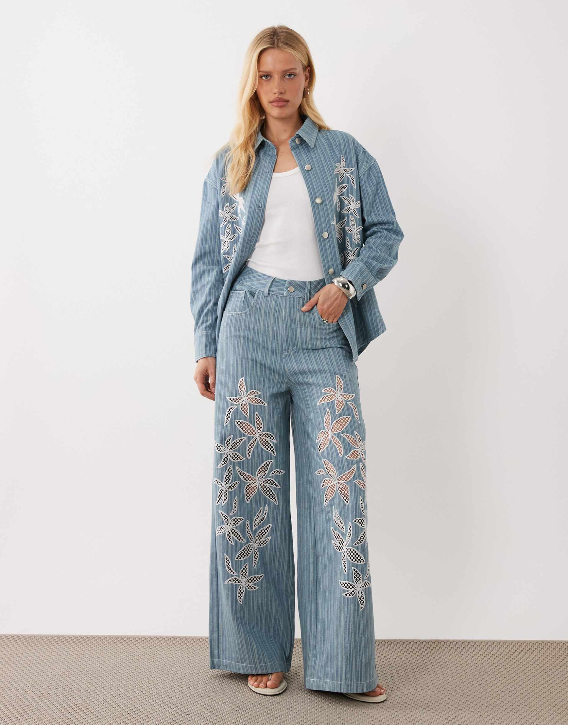 ghospell rox cotton high rise floral broderie detail wide leg jeans in light blue pinstripe