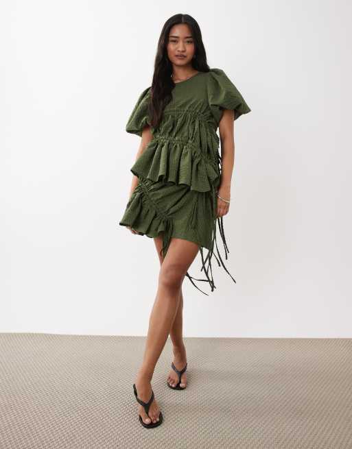 Ghospell ruched asymmetric hem floaty top co-ord in dark green, 2 of 4