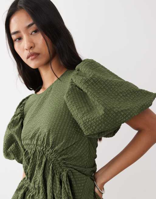 Ghospell ruched asymmetric hem floaty top co-ord in dark green, 3 of 4