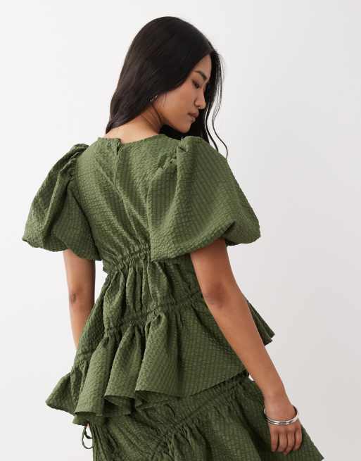 Ghospell ruched asymmetric hem floaty top co-ord in dark green, 4 of 4