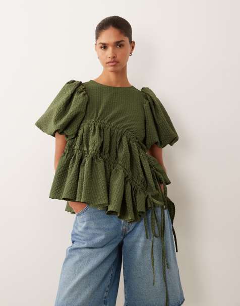 Ghospell ruched asymmetric hem floaty top co-ord in green - view 1