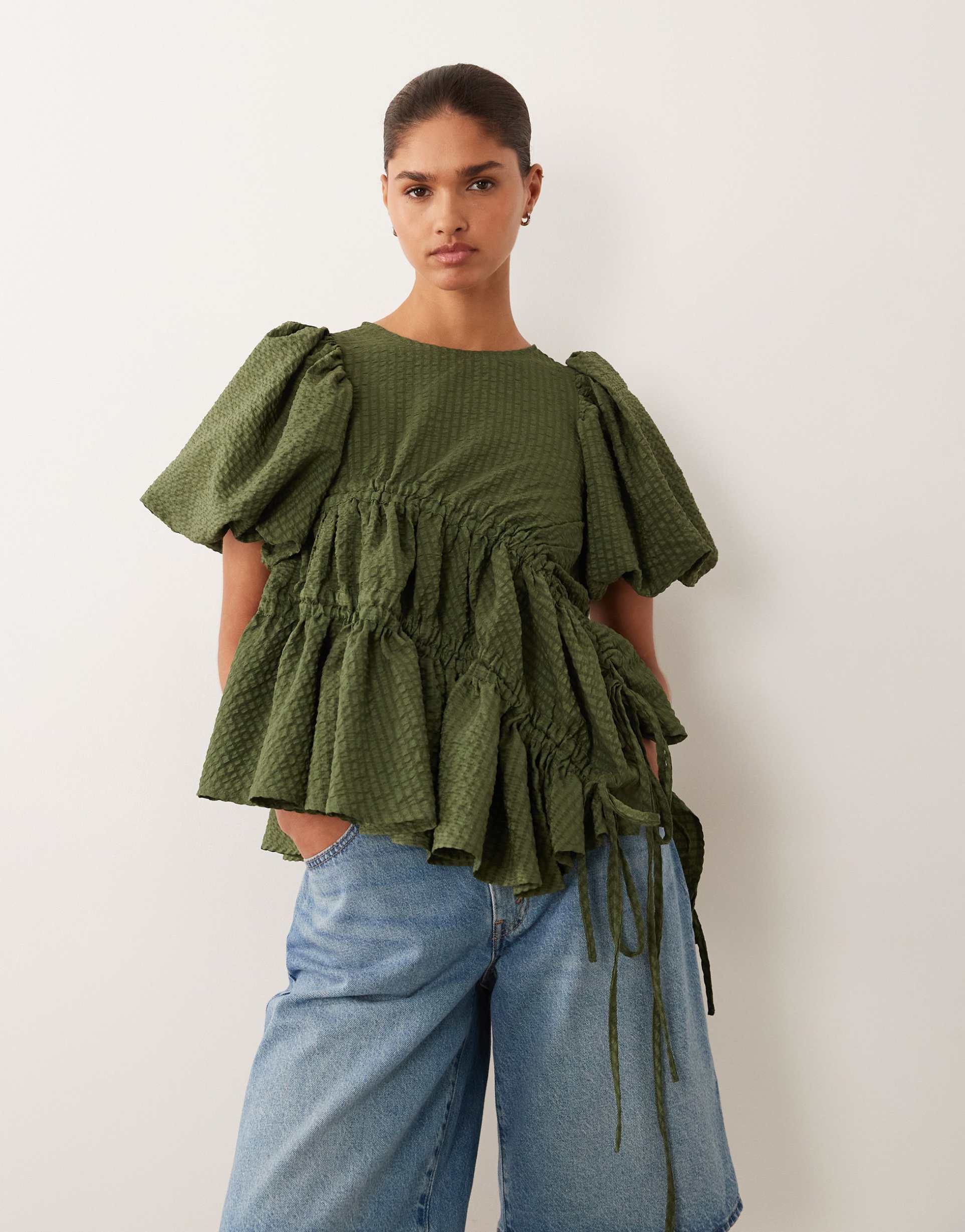 ghospell ruched asymmetric hem floaty top in green - part of a set