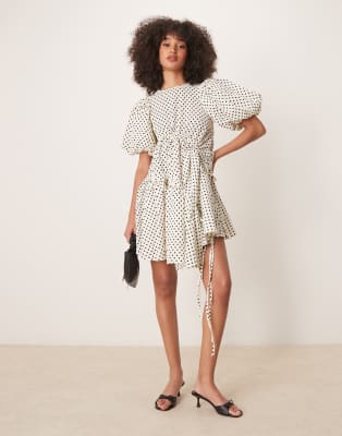 ruched asymmetric polka dot mini dress in pearl ivory-White