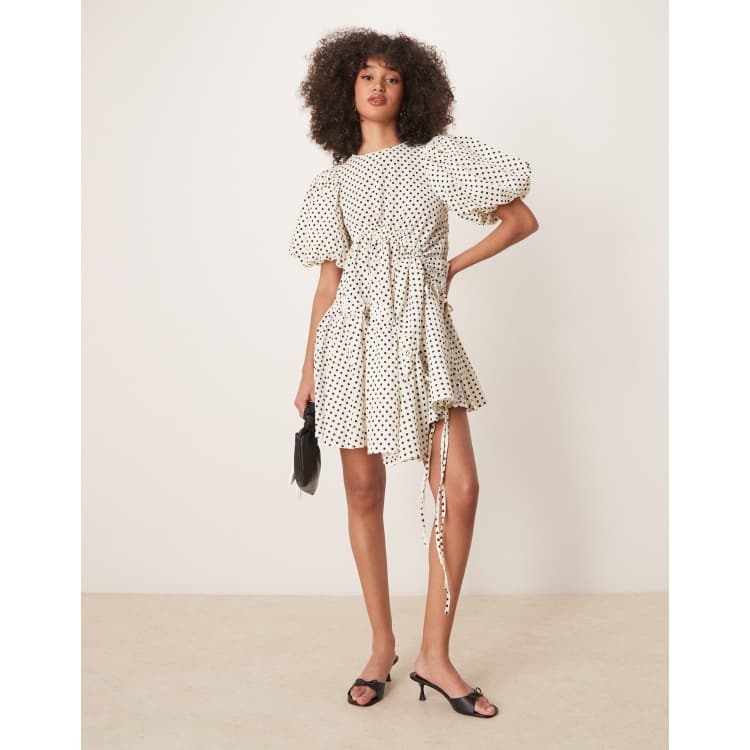 Ghospell ruched asymmetric polka dot mini dress in pearl