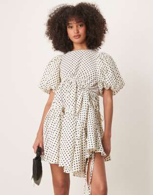 ghospell ruched asymmetric polka dot mini dress in pearl ivory