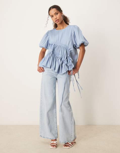 Ghospell ruched asymmetric top in baby blue - view 1