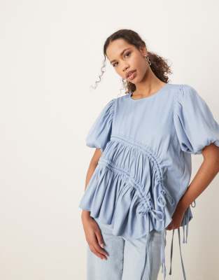 Ghospell ruched asymmetric top in baby blue