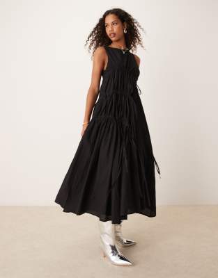 Ghospell Ruched Midi Dress In Black