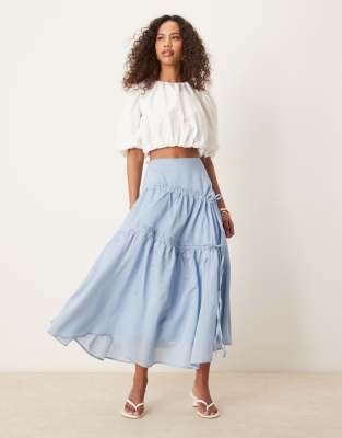 ruched midi skirt in sky blue