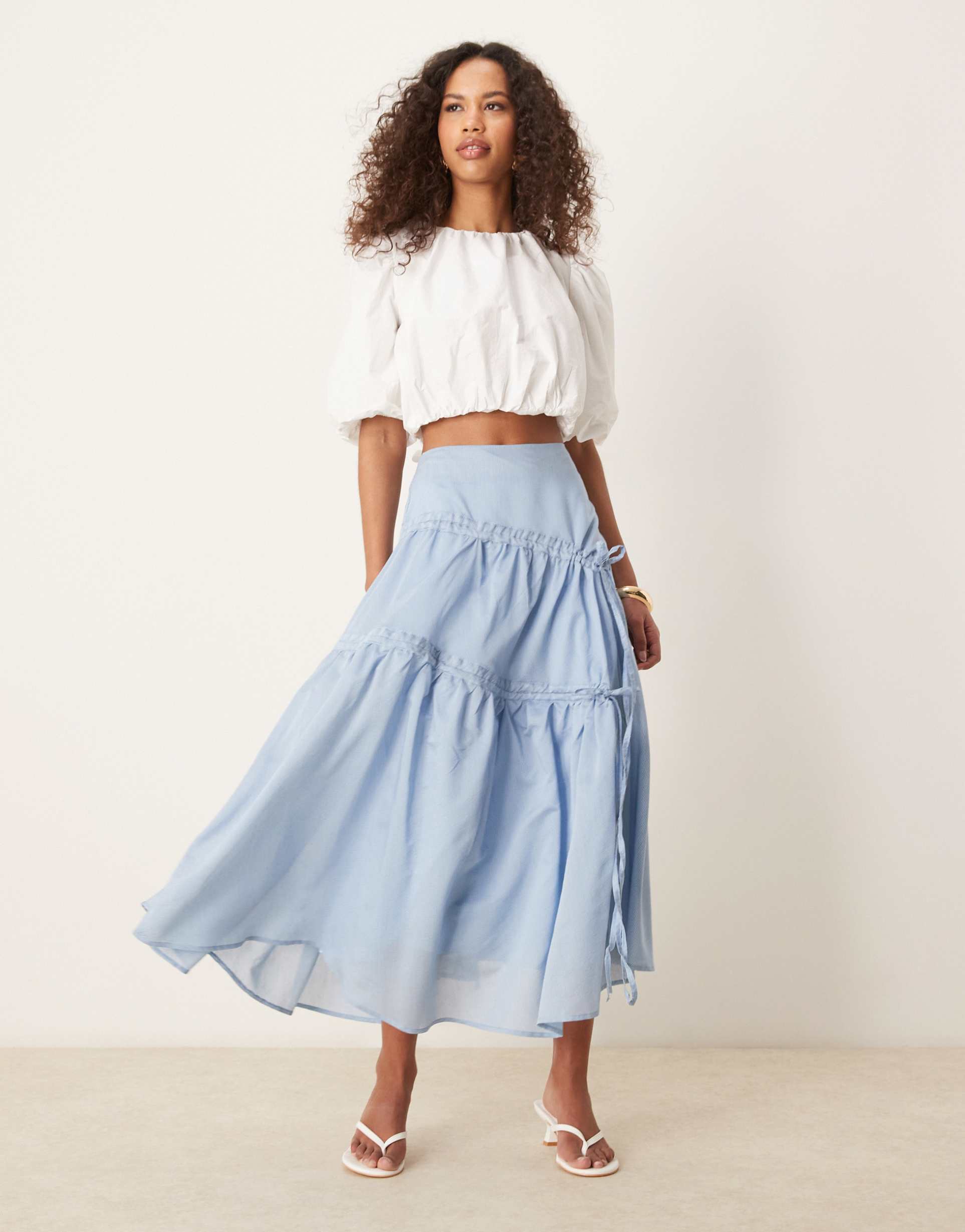 ghospell ruched midi skirt in sky blue