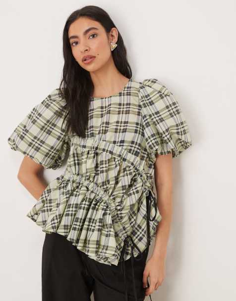 Ghospell ruched puff sleeve top in green plaid - view 1