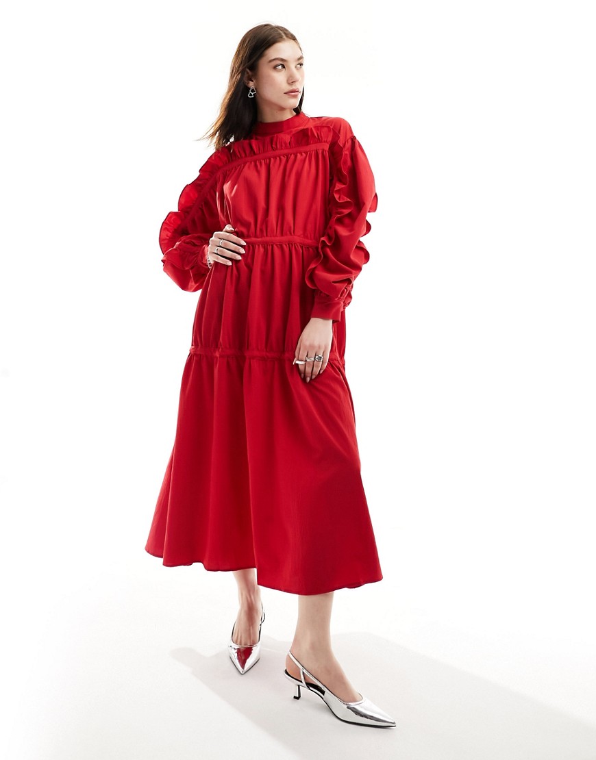 Ghospell ruched ruffle sleeve midi dress in red