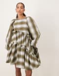 [Ghospell] Ghospell ruffle aysmmetric mini dress in green stripe XS GREEN