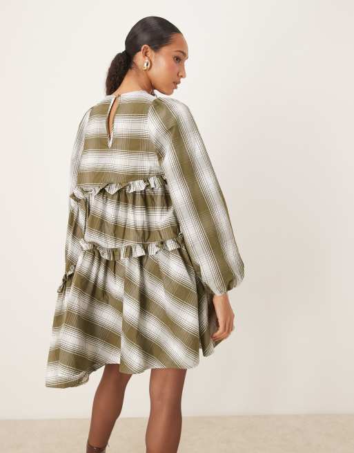 Ghospell ruffle aysmmetric mini dress in green stripe, 3 of 4