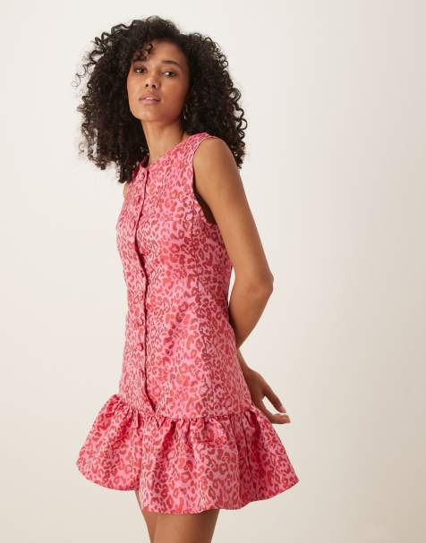 Ghospell ruffle hem jacquard mini dress in red and pink - view 1